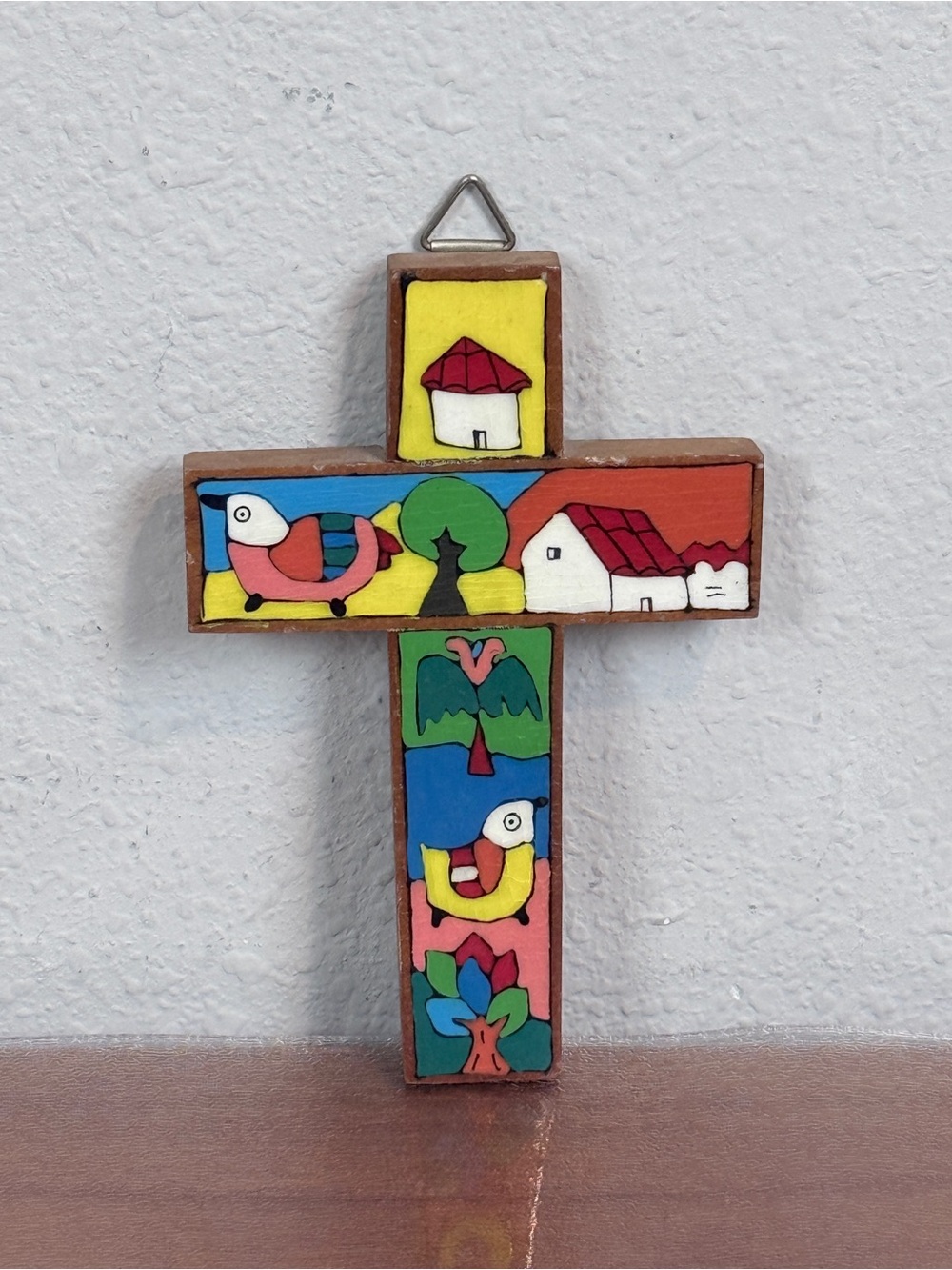 Hand-Painted El Salvador Folk Art Colorful Cross Wall Hanging 5 inch